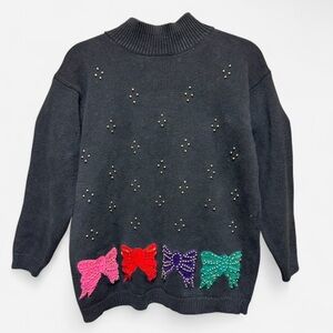 Vintage Cezanne Cotton Blend Sweater with Beaded Bow Appliqués